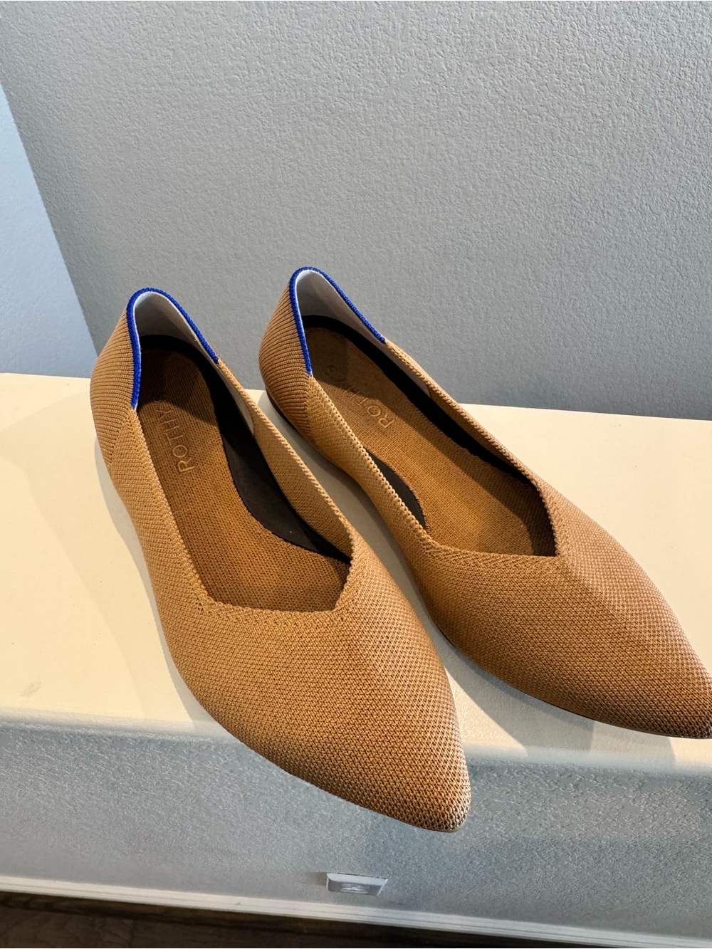 Rothy's Camel Brown Pointed Toe Flats with Blue Trim - Picture 2 of 7